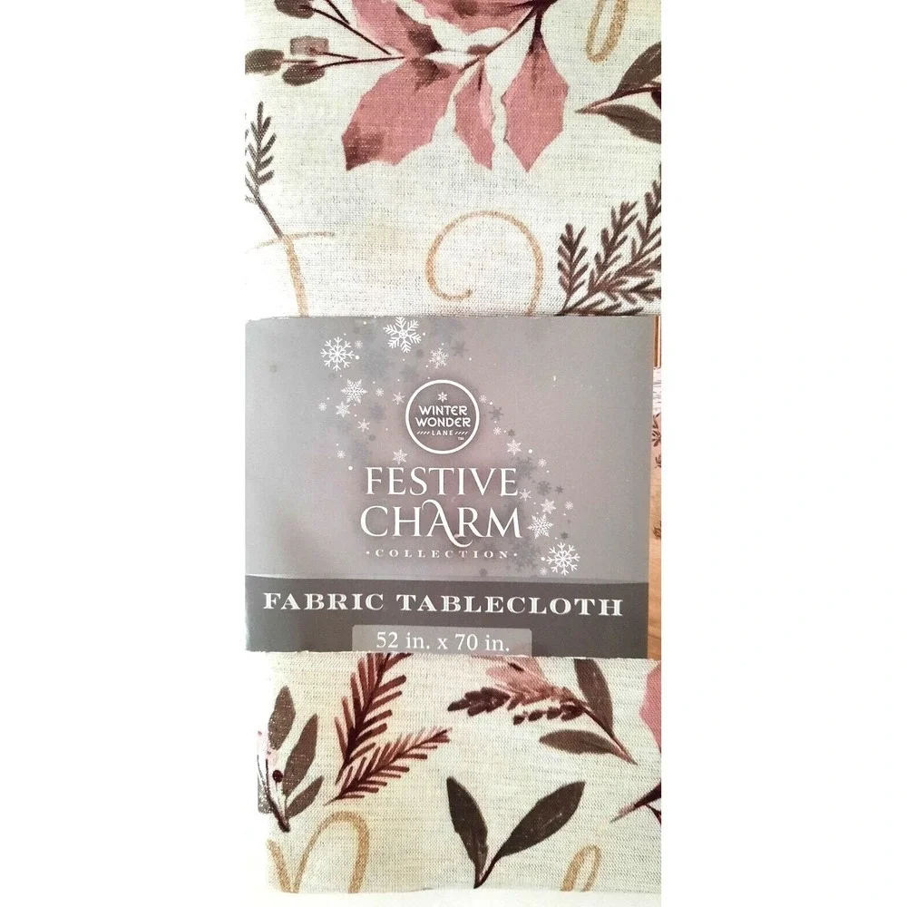 Winter Wonder Lane Festive Charm Fabric Tablecloth 52x70 Metallic Floral Holiday